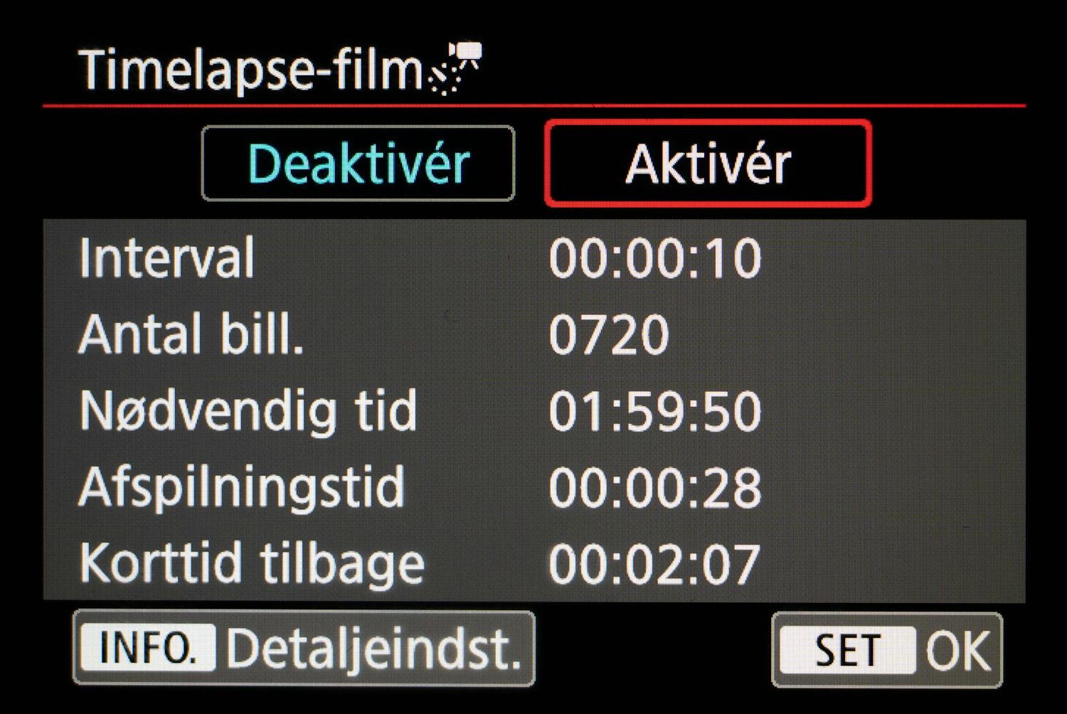 Timelapse-valikko Canon-kamera